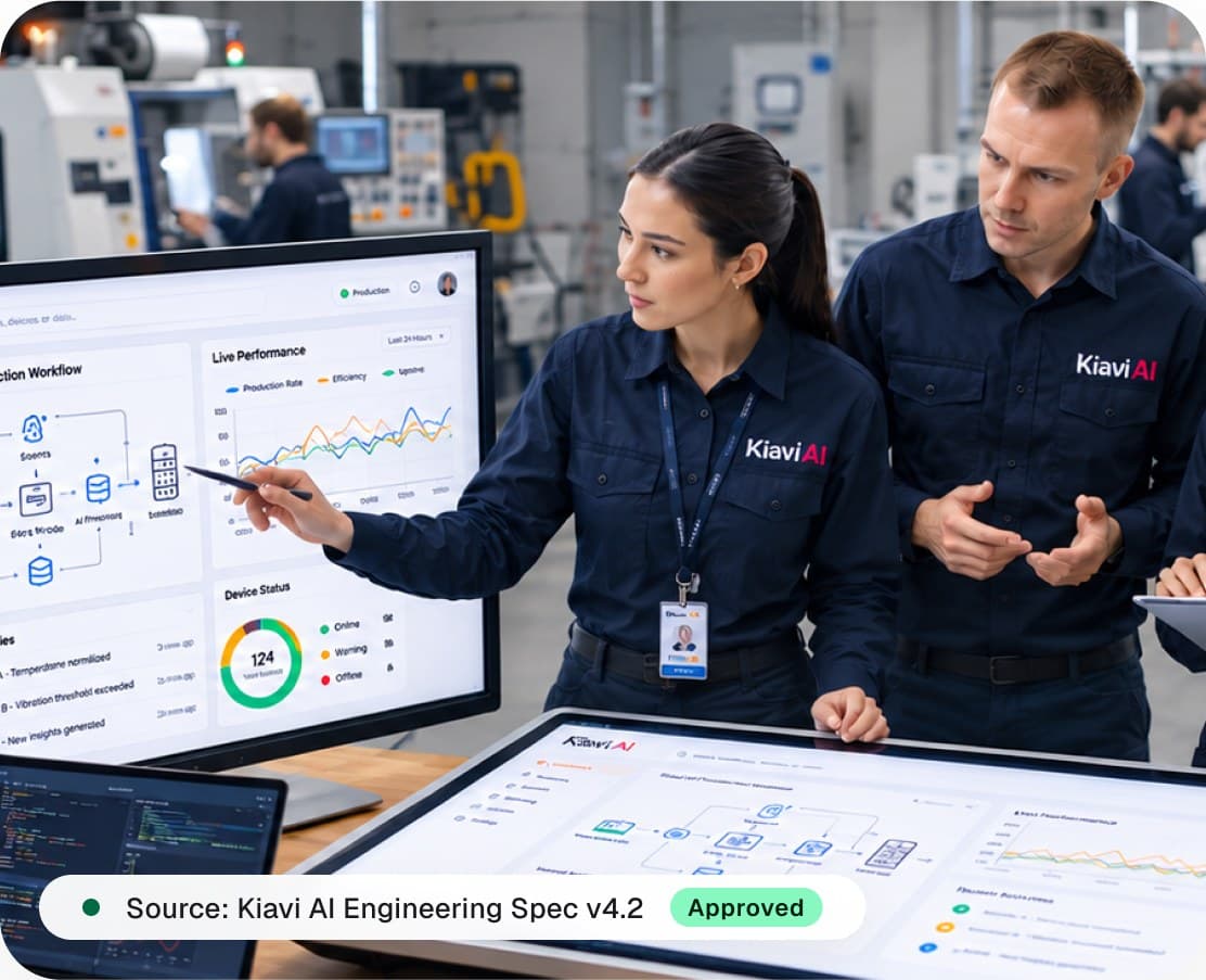 Kiavi AI engineers reviewing a product dashboard on the factory floor. Source: Kiavi AI Engineering Spec v4.2, approved.