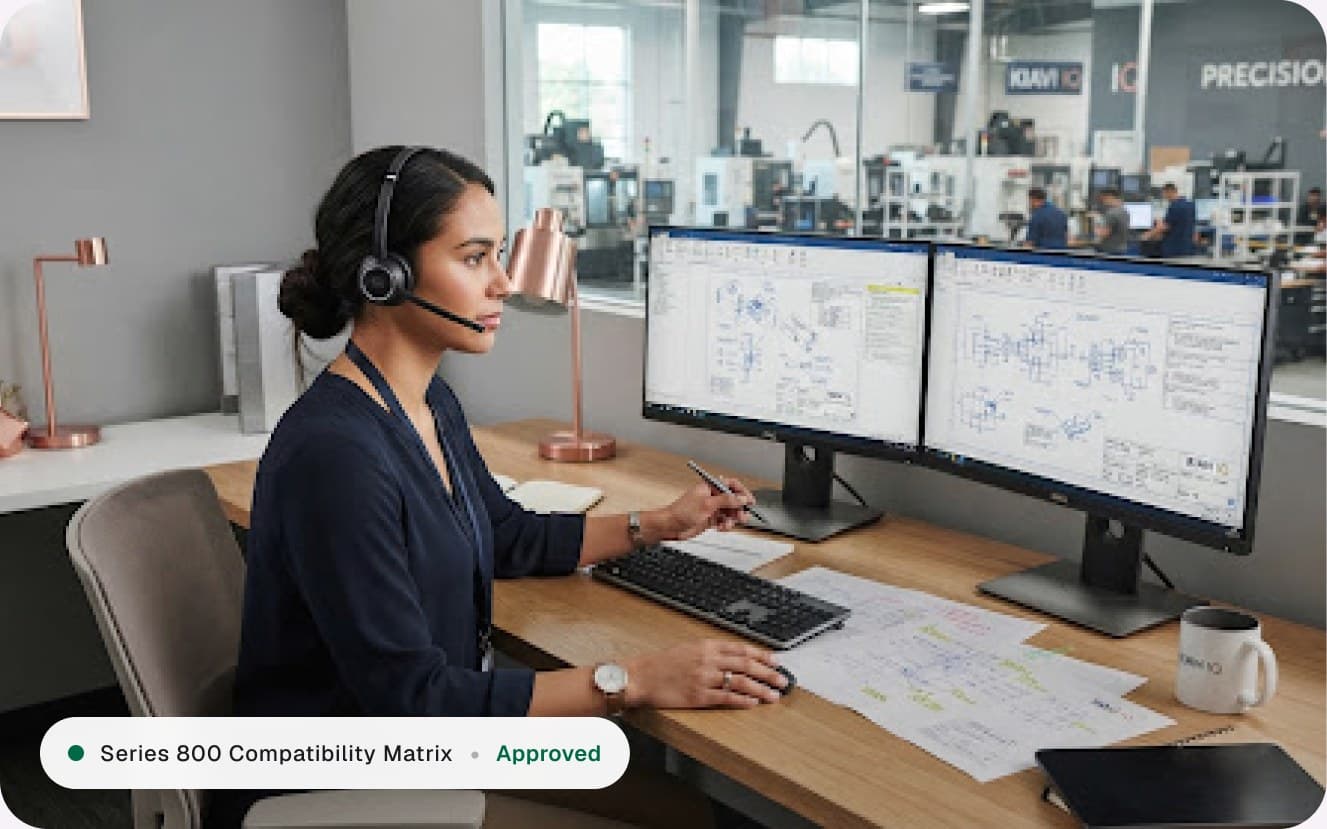 Support specialist reviewing technical drawings on two monitors. Series 800 Compatibility Matrix, approved.